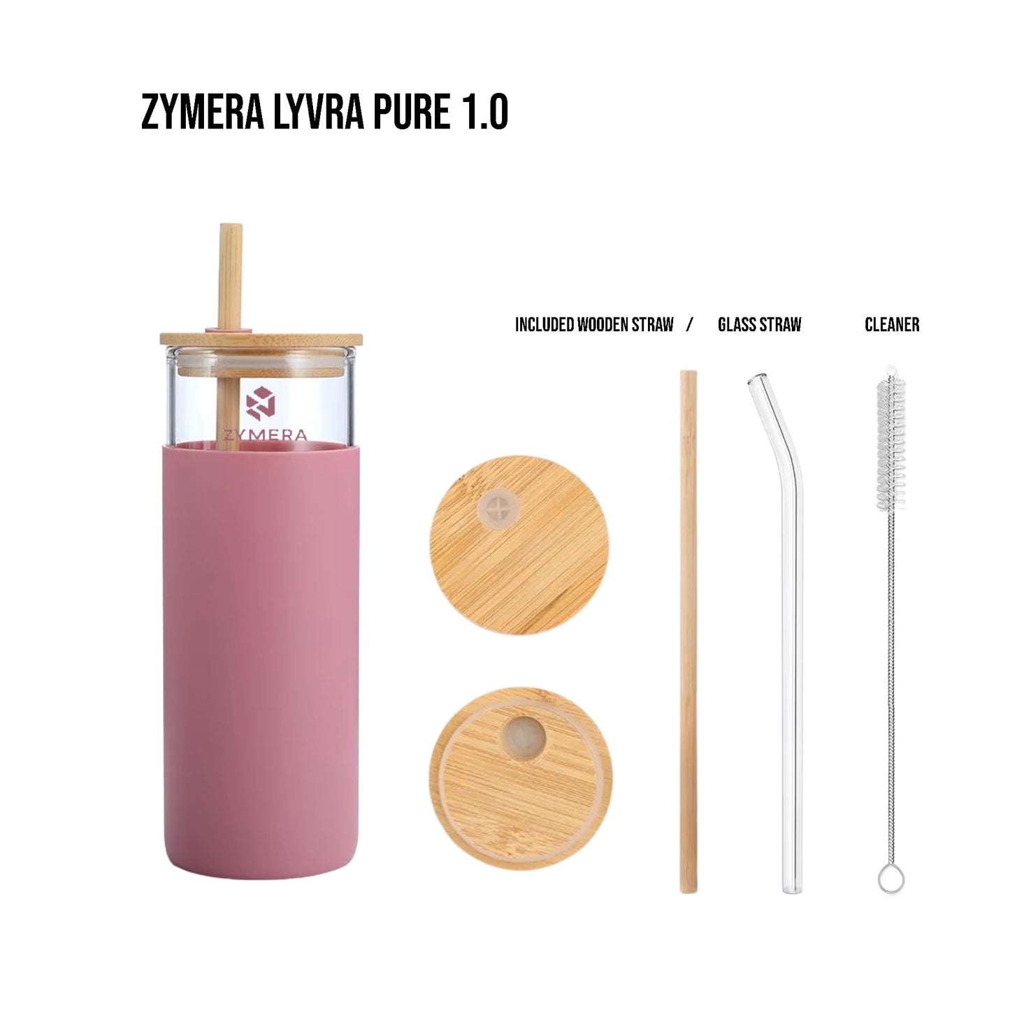 Zymera Lyvra Pure 1.0 Glas Becher mit Strohhalm 500ml – Wiederverwendbarer Trinkbecher (Pink)