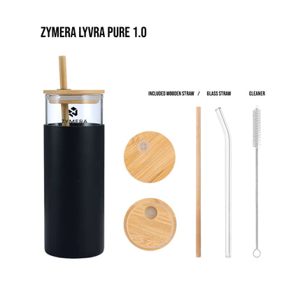 Zymera Lyvra Pure 1.0 Glas Becher mit Strohhalm 500ml – Wiederverwendbarer Trinkbecher (Schwarz)