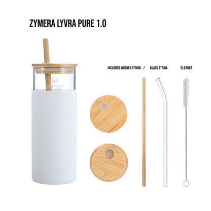 Zymera Lyvra Pure 1.0 Glas Becher mit Strohhalm 500ml – Wiederverwendbarer Trinkbecher (Weiß)