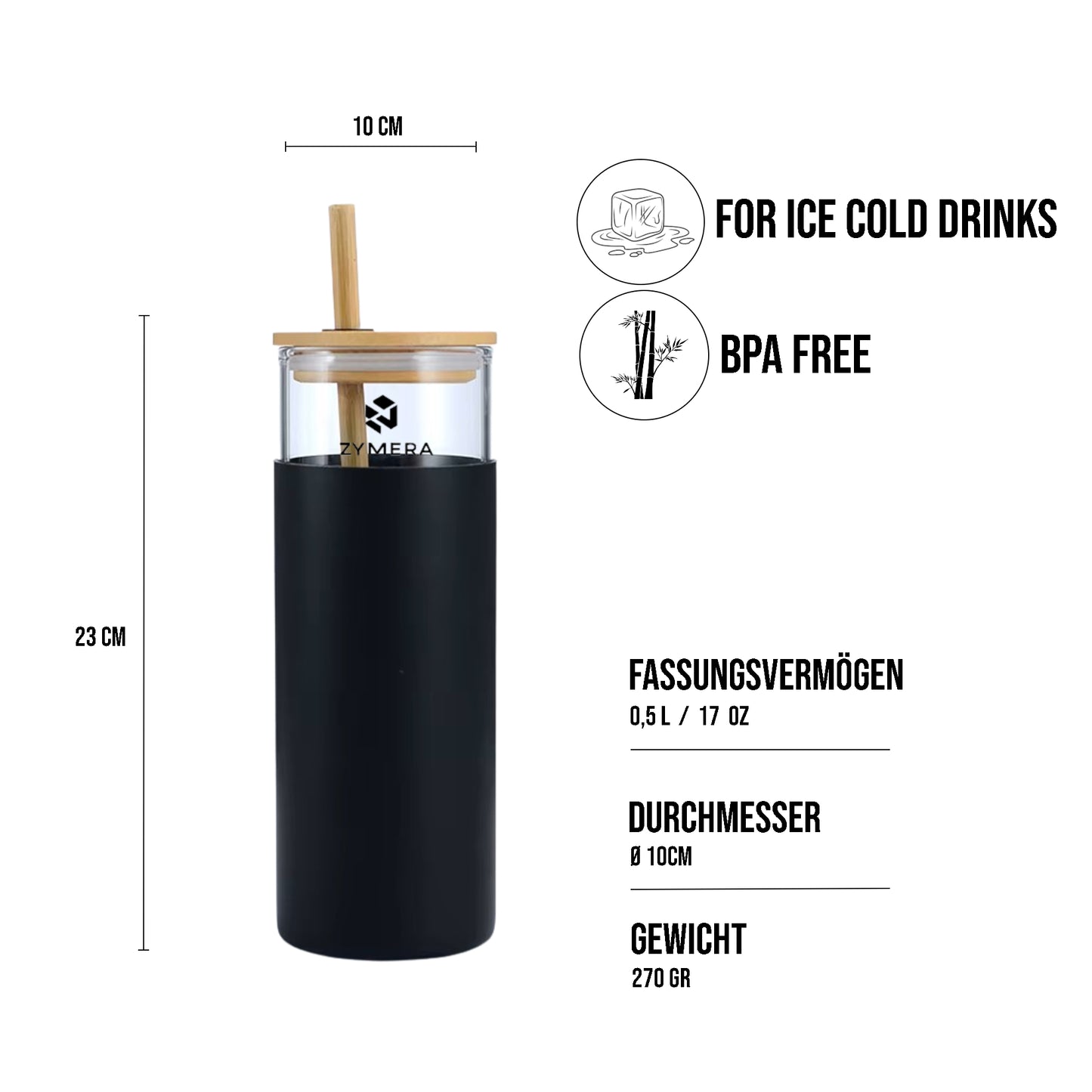 Zymera Lyvra Pure 1.0 Glas Becher mit Strohhalm 500ml – Wiederverwendbarer Trinkbecher (Schwarz)