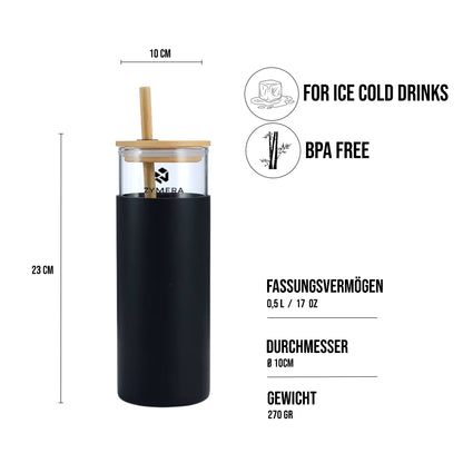 Zymera Lyvra Pure 1.0 Glas Becher mit Strohhalm 500ml – Wiederverwendbarer Trinkbecher (Schwarz)