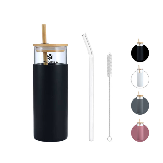 Zymera Lyvra Pure 1.0 Glas Becher mit Strohhalm 500ml – Wiederverwendbarer Trinkbecher (Schwarz)